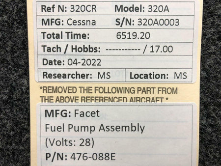 Facet 476-088E Cessna 320A Facet Fuel Boot Pump Assembly Volts 28