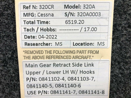Cessna Aircraft Parts 0841102-4 / 0841103-7 Cessna 320A Main Gear Retract Side Link LH W/ Hooks
