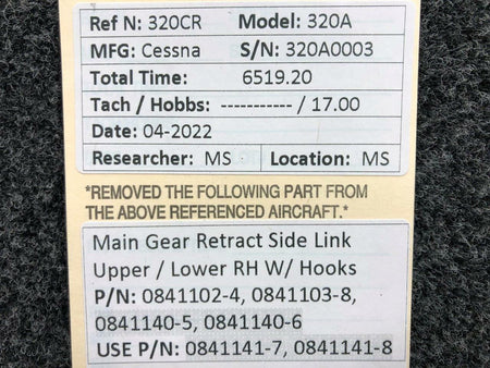 Cessna Aircraft Parts 0841102-4 / 0841103-8 Cessna 320A Main Gear Retract Side Link RH W/ Hooks