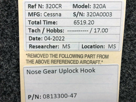 0813300-47 Cessna 320A Nose Gear Uplock Hook BAS Part Sales | Airplane Parts
