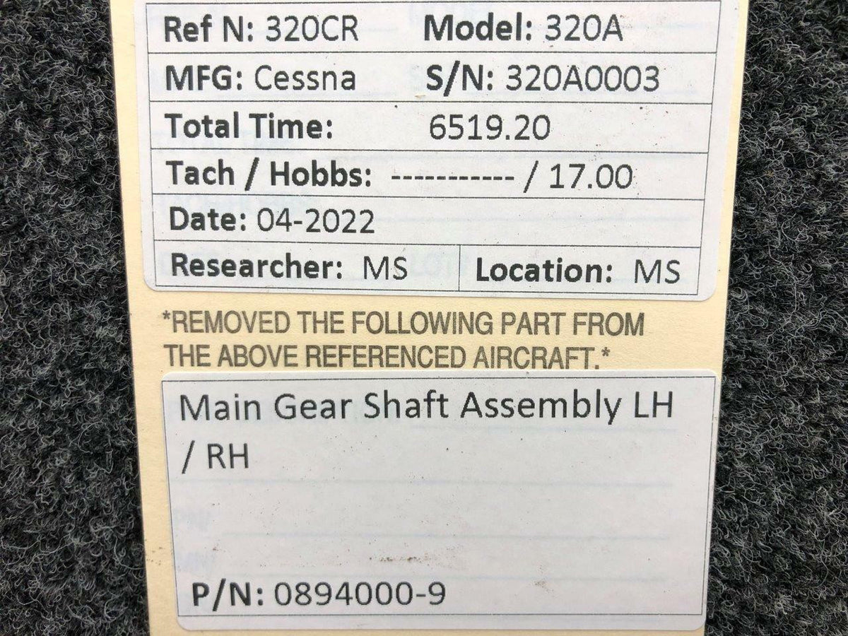 Cessna Aircraft Parts 0894000-9 Cessna 320A Main Gear Shaft Assembly LH / RH
