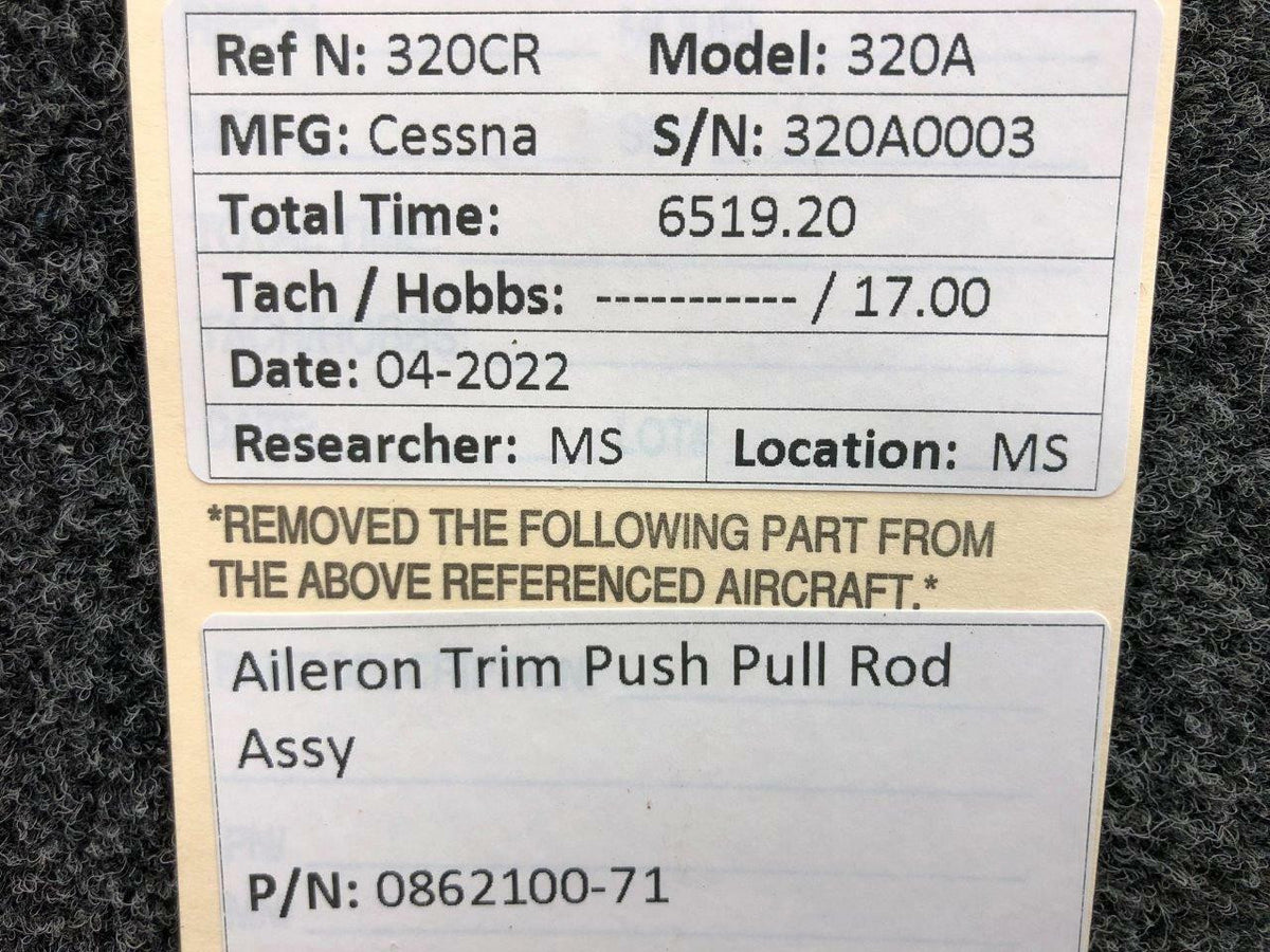 Cessna Aircraft Parts 0862100-71 Cessna 320A Aileron Trim Push Pull Rod Assembly