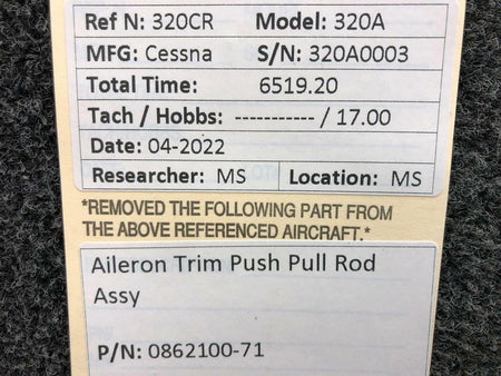 Cessna Aircraft Parts 0862100-71 Cessna 320A Aileron Trim Push Pull Rod Assembly