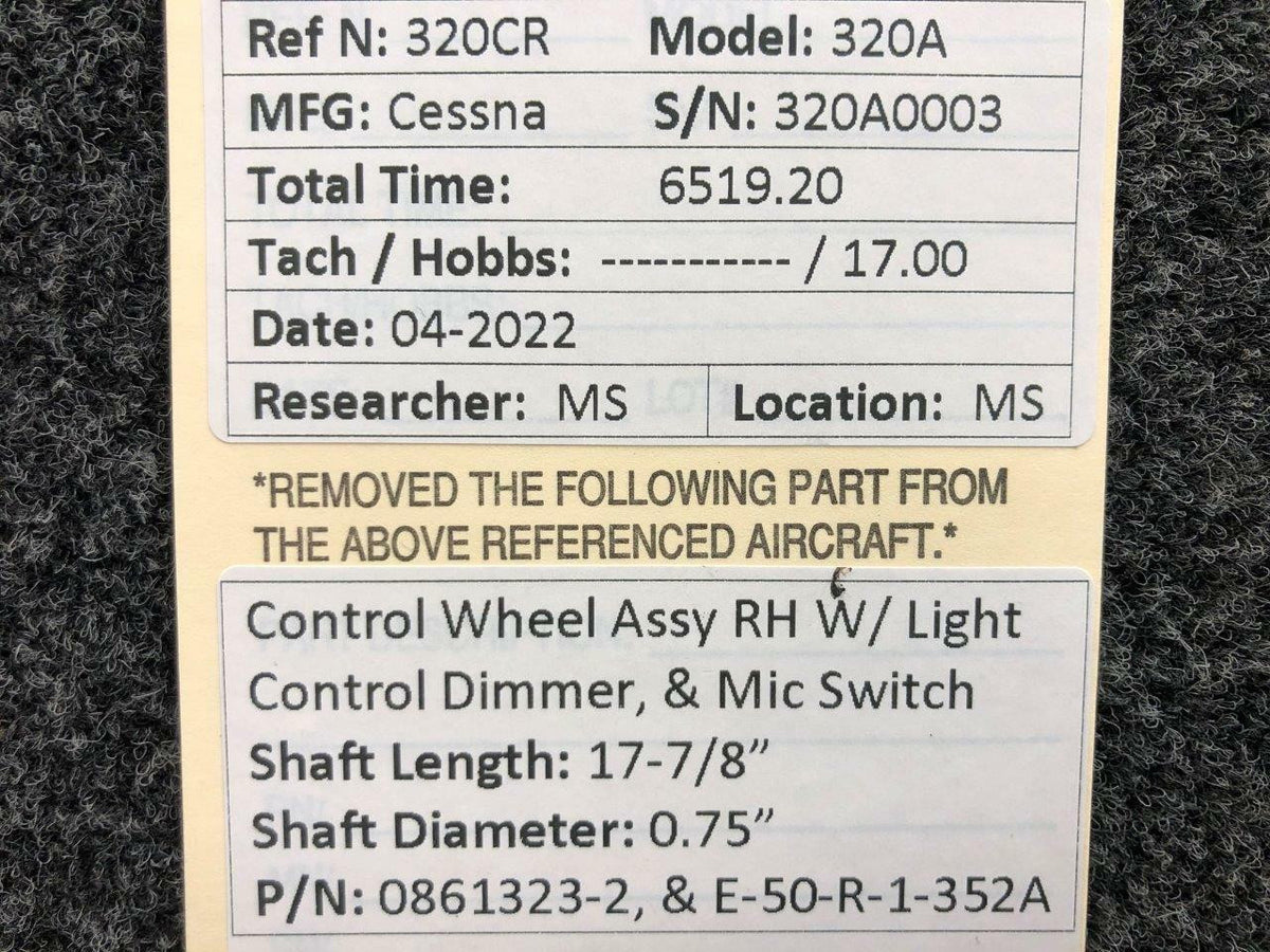 Cessna Aircraft Parts 0861323-2 / E-50-R-1-352A Cessna 320A Control Wheel RH W/ Mic Switch, Dimmer