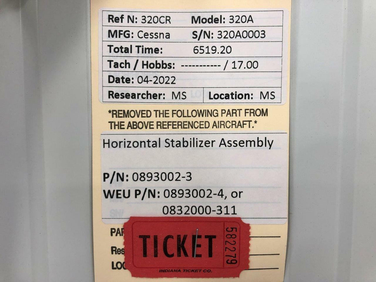 Cessna Aircraft Parts 0893002-3 WEU 0893002-4 Cessna 320A Horizontal Stabilizer Assembly