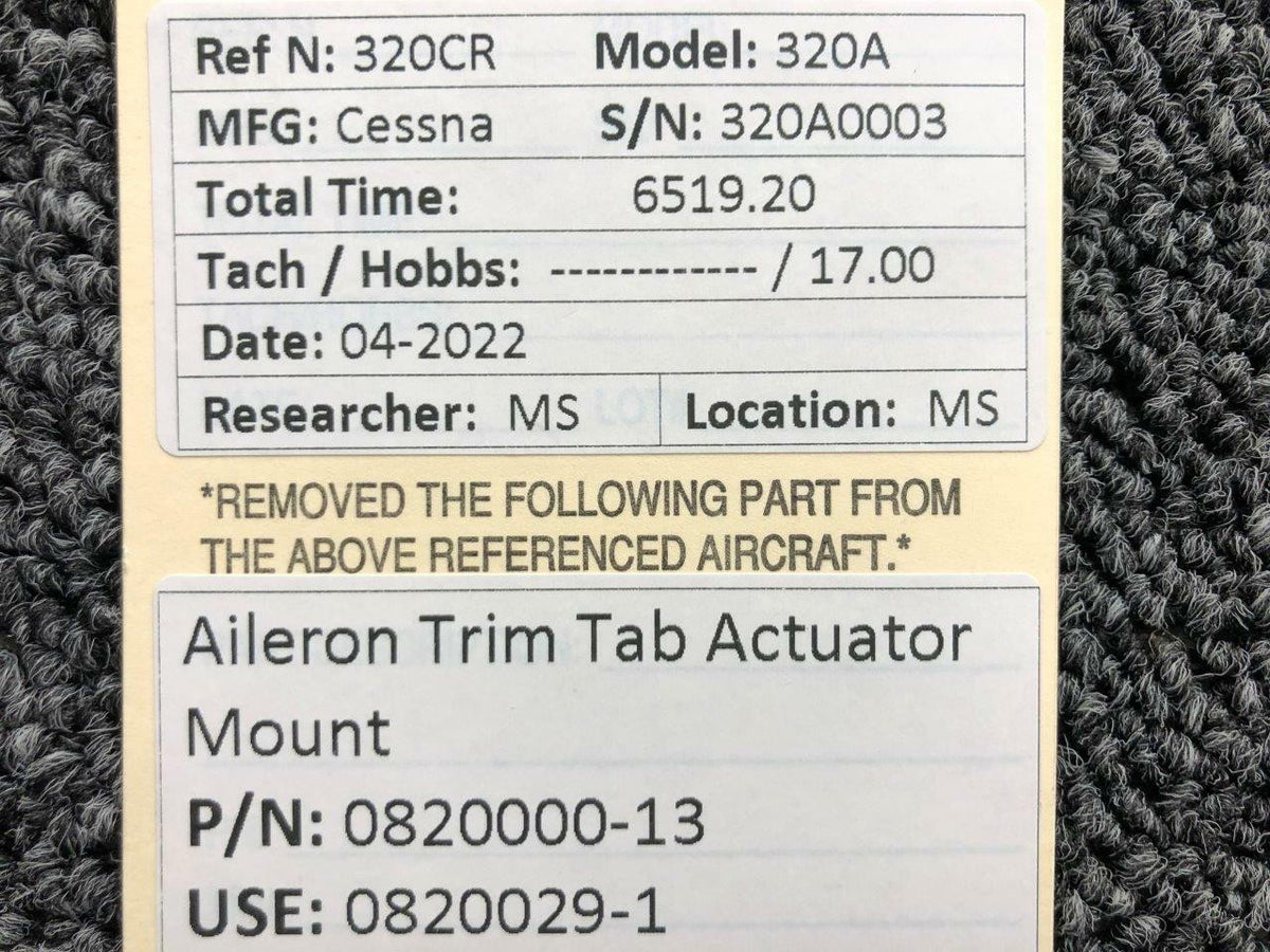 Cessna Aircraft Parts 820000-13 USE 0820029-1 Cessna 320A Aileron Trim Tab Actuator Mount
