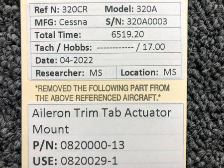 Cessna Aircraft Parts 820000-13 USE 0820029-1 Cessna 320A Aileron Trim Tab Actuator Mount