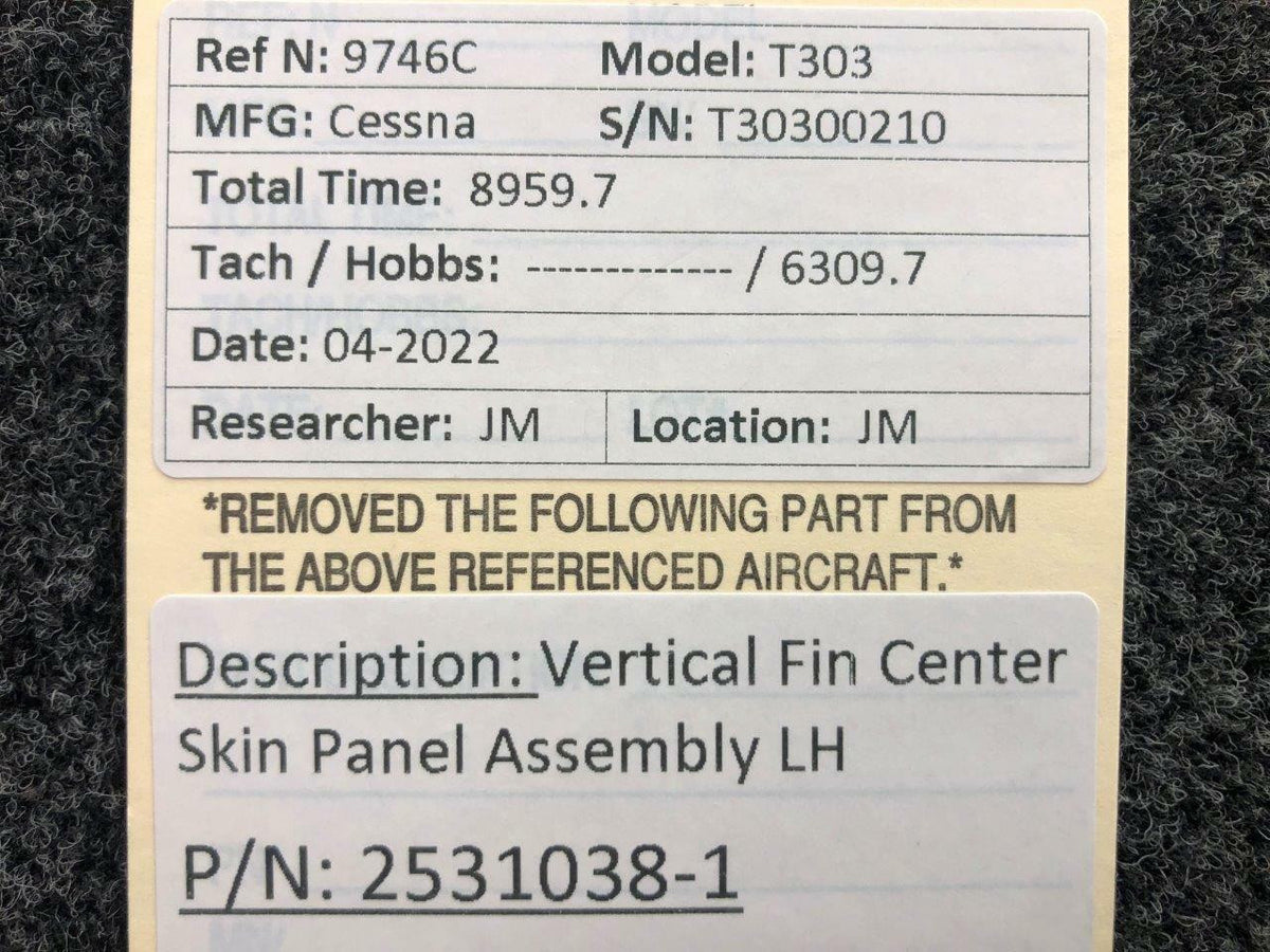 Cessna Aircraft Parts 2531038-1 Cessna T303 Vertical Fin Center Skin Panel Assembly LH