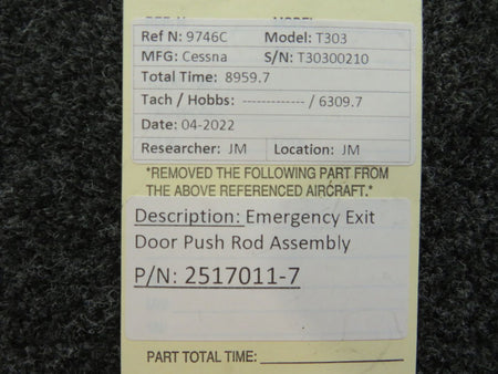 2517011-7 Cessna T303 Emergency Exit Door Push Rod Assembly BAS Part Sales | Airplane Parts