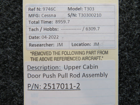 2517011-2 Cessna T303 Upper Cabin Door Push Rod Assembly BAS Part Sales | Airplane Parts