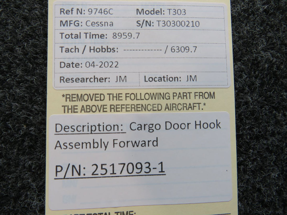 2517093-1 Cessna T303 Cargo Door Hook Assembly Forward BAS Part Sales | Airplane Parts
