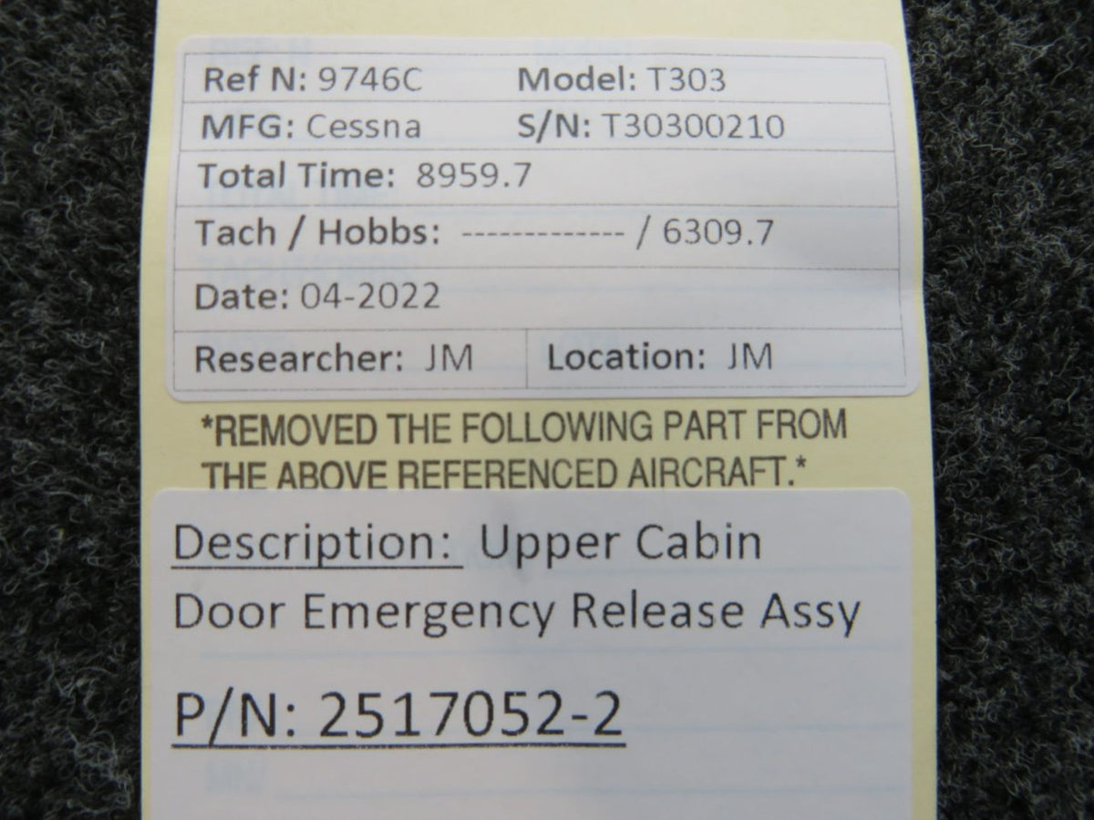 2517052-2 Cessna T303 Upper Cabin Door Emergency Release Assembly BAS Part Sales | Airplane Parts