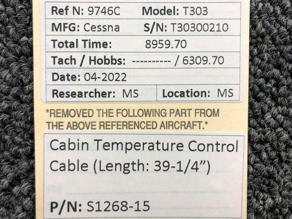 Cessna Aircraft Parts S1268-15 Cessna T303 Cabin Temperature Control Cable 39-1/4