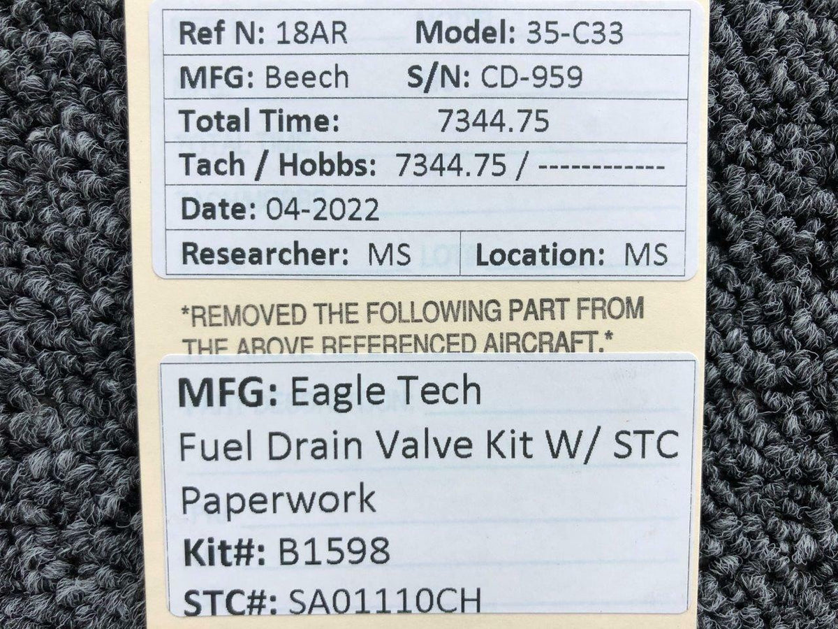 Eagle Tech B1598 Eagle Tech Fuel Drain Valve Kit W/ STC STC# SA01110CH