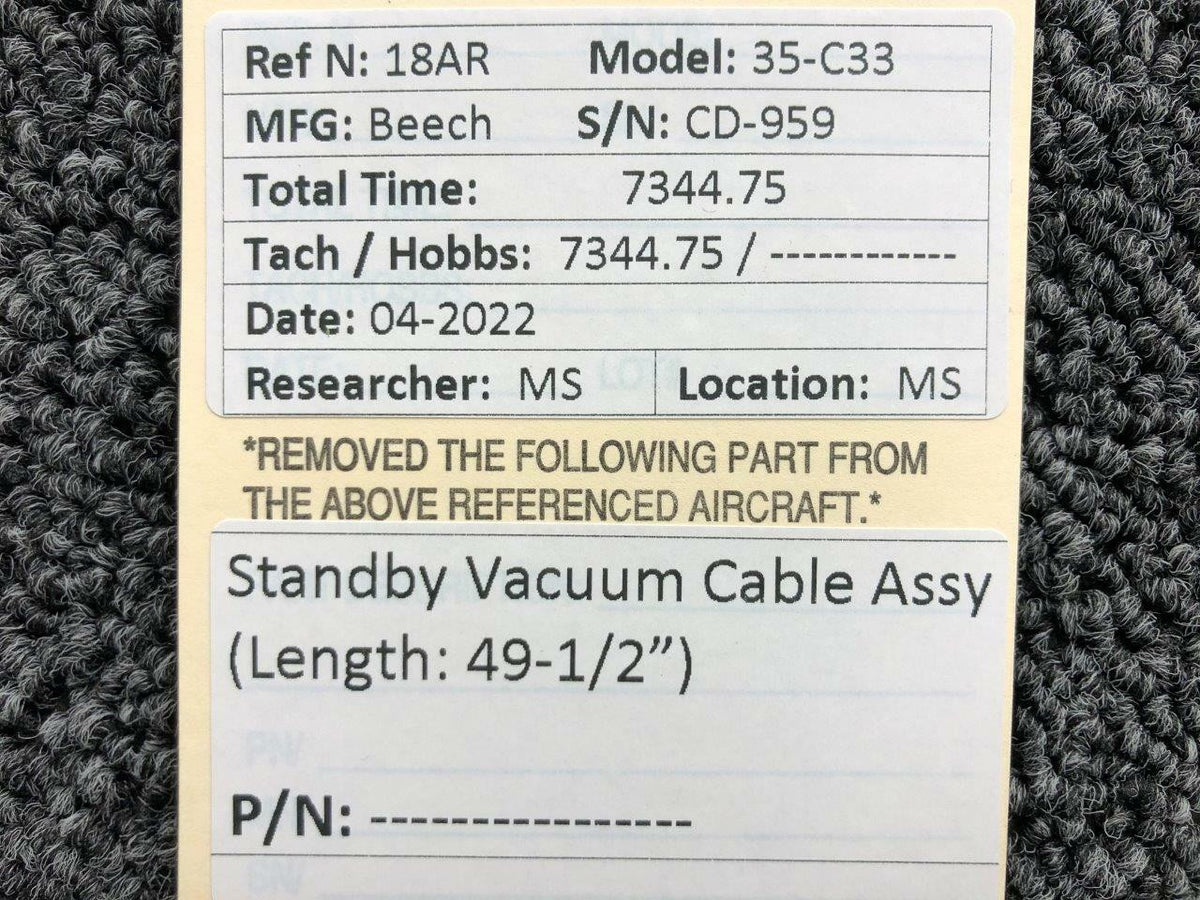 Beechcraft 35-C33 Standby Vacuum Cable Assembly (Length: 49-1/2") BAS Part Sales | Airplane Parts