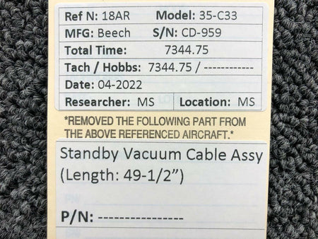Beechcraft 35-C33 Standby Vacuum Cable Assembly (Length: 49-1/2") BAS Part Sales | Airplane Parts