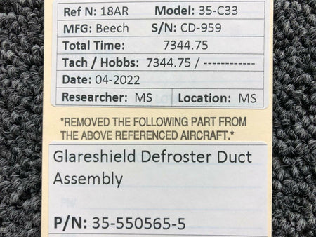 Beechcraft Parts 35-550565-5 Beechcraft 35-C33 Glareshield Defroster Duct Assembly