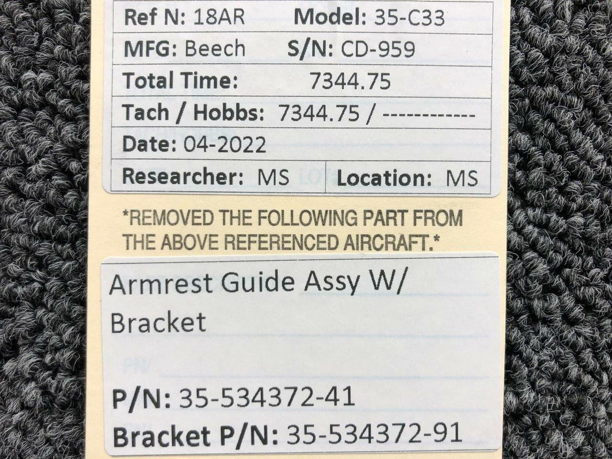 Beechcraft Parts 35-534372-41 / 35-534372-91 Beech 35-C33 Armrest Guide Assembly W/ Bracket
