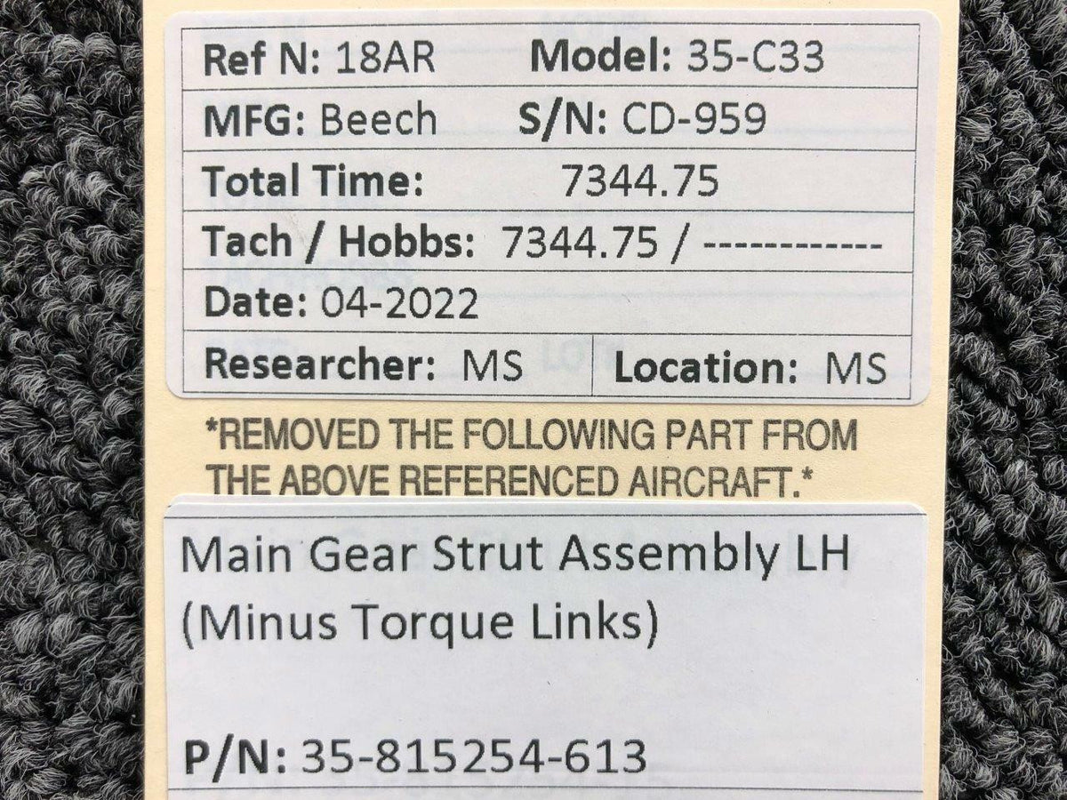 35-815254-613 Beechcraft 35-C33 Main Gear Strut Assembly LH BAS Part Sales | Airplane Parts