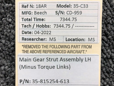 35-815254-613 Beechcraft 35-C33 Main Gear Strut Assembly LH BAS Part Sales | Airplane Parts
