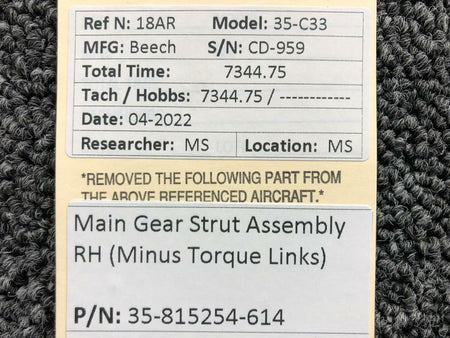 Beechcraft Parts 35-815254-614 Beechcraft 35-C33 Main Gear Strut Assembly RH