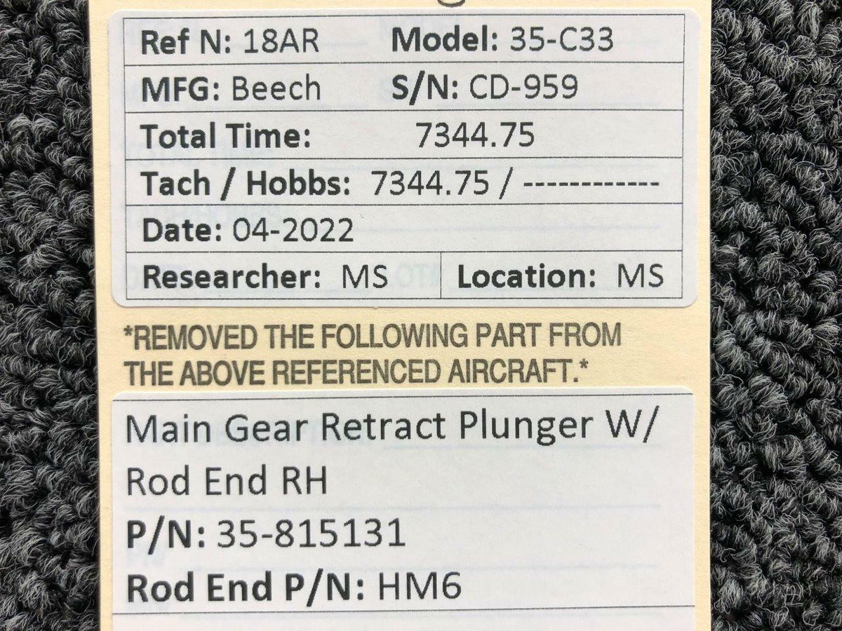 35-815131 / HM6 Beech 35-C33 Main Gear Retract Plunger W/ Rod End RH BAS Part Sales | Airplane Parts