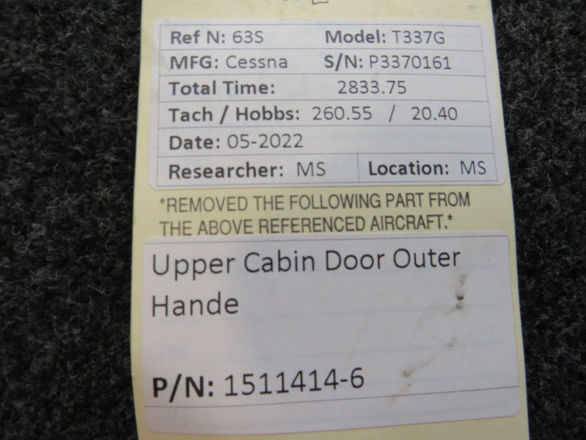 1511414-6 Cessna T337G Upper Cabin Door Outer Handle BAS Part Sales | Airplane Parts
