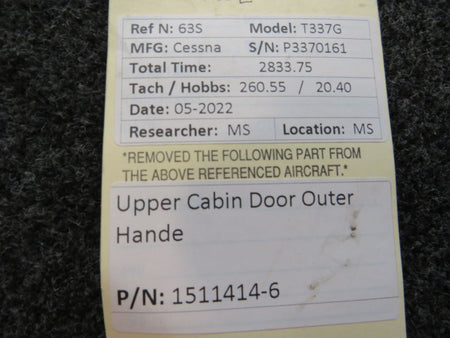 1511414-6 Cessna T337G Upper Cabin Door Outer Handle BAS Part Sales | Airplane Parts