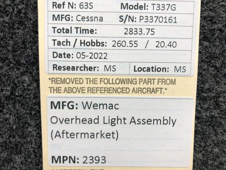 2393 Wemac Overhead Light Assembly (Aftermarket) BAS Part Sales | Airplane Parts