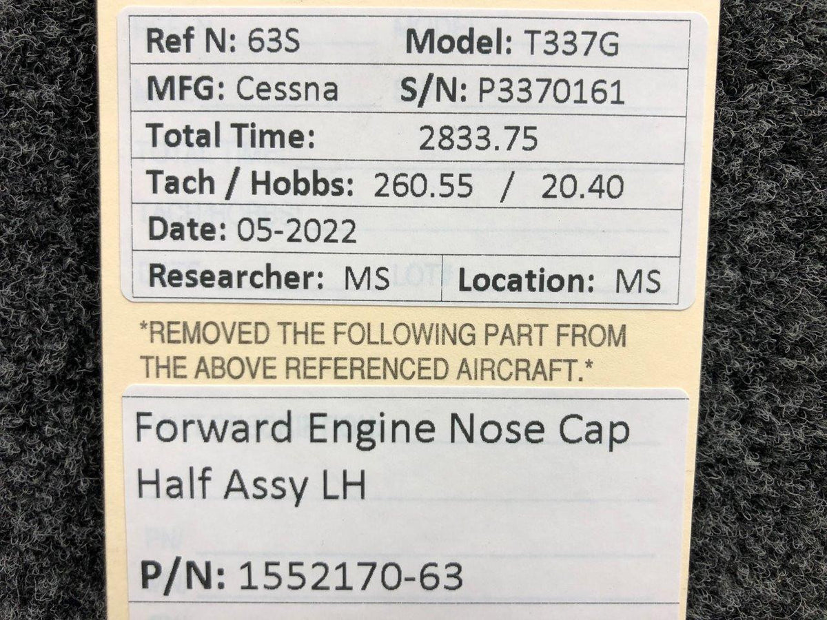 1552170-63 Cessna T337G Forward Engine Nose Cap Half Assembly LH BAS Part Sales | Airplane Parts