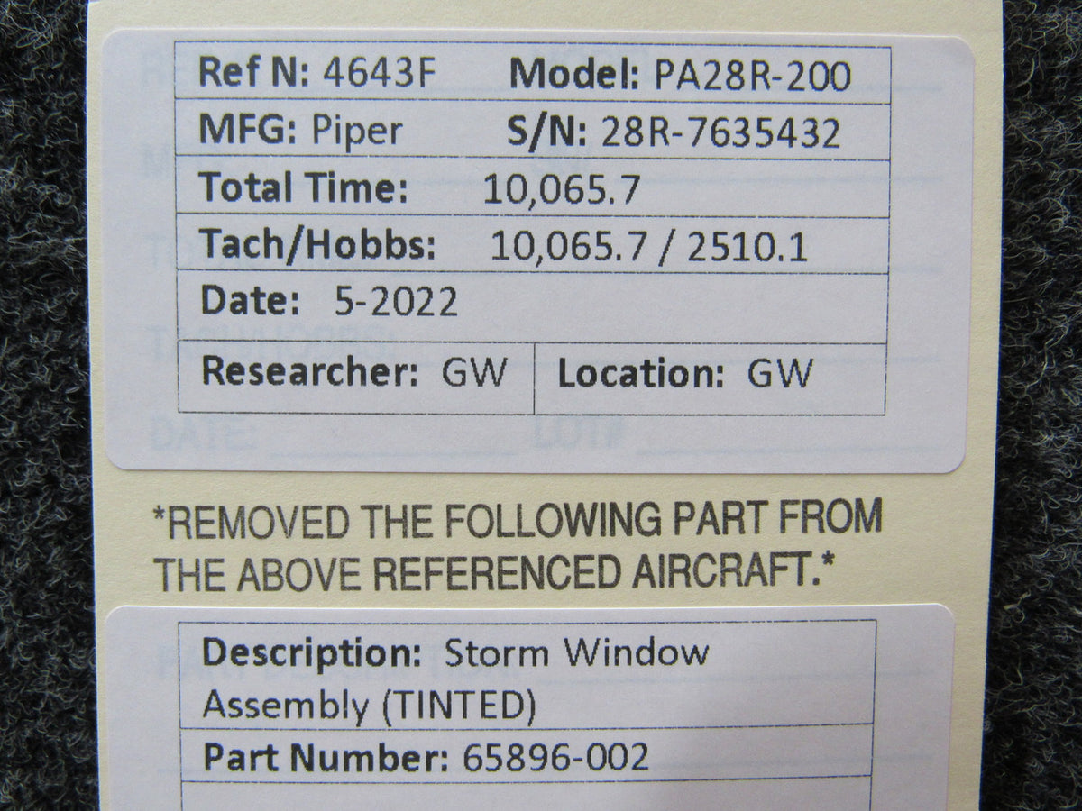 65896-002 Piper PA28R-200 Storm Window Assembly (Tinted) BAS Part Sales | Airplane Parts