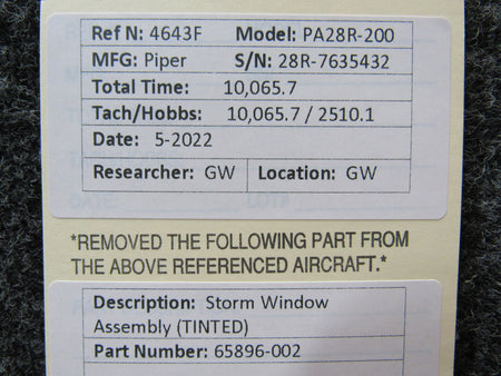 65896-002 Piper PA28R-200 Storm Window Assembly (Tinted) BAS Part Sales | Airplane Parts