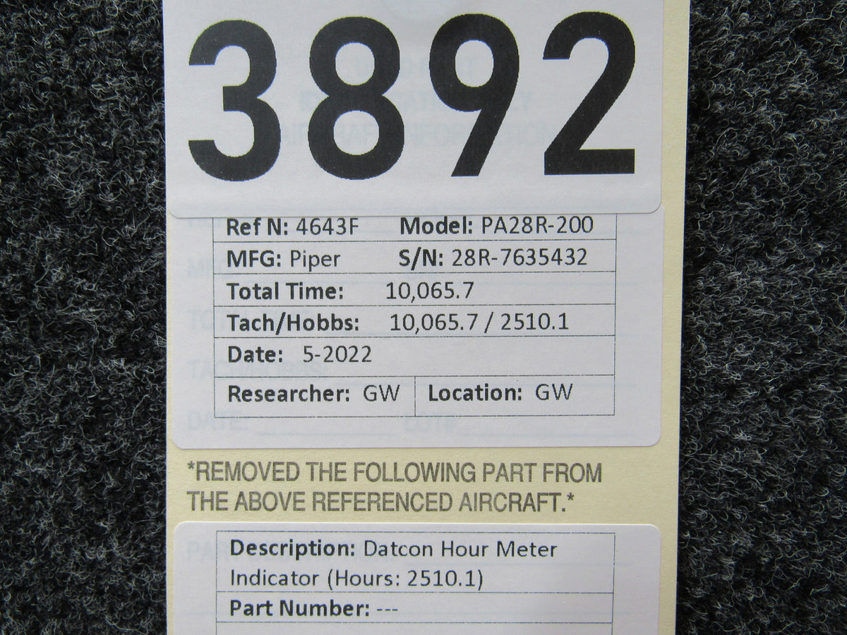 Datcon Hour Meter Indicator (Hours: 2510.1) BAS Part Sales | Airplane Parts