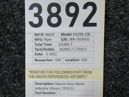 Datcon Hour Meter Indicator (Hours: 2510.1) BAS Part Sales | Airplane Parts
