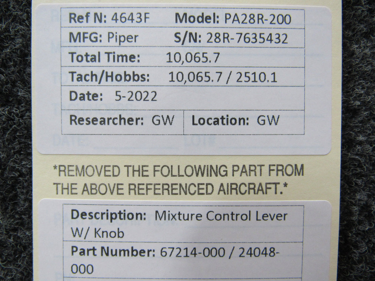 67214-000 / 24048-000 Piper PA28R-200 Mixture Control Lever W/ Knob BAS Part Sales | Airplane Parts