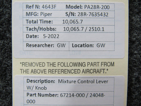 67214-000 / 24048-000 Piper PA28R-200 Mixture Control Lever W/ Knob BAS Part Sales | Airplane Parts