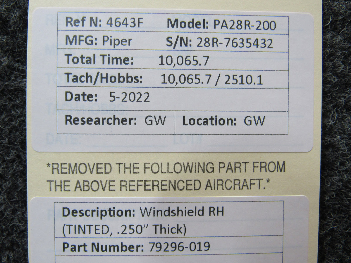 79296-019 Piper PA28R-200 Windshield RH (Tinted, Thickness: 0.250") BAS Part Sales | Airplane Parts