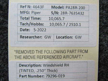 79296-019 Piper PA28R-200 Windshield RH (Tinted, Thickness: 0.250") BAS Part Sales | Airplane Parts
