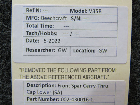002-430016-1 Beechcraft V35B Front Spar Carry-Thru Cap Lower (SA) BAS Part Sales | Airplane Parts