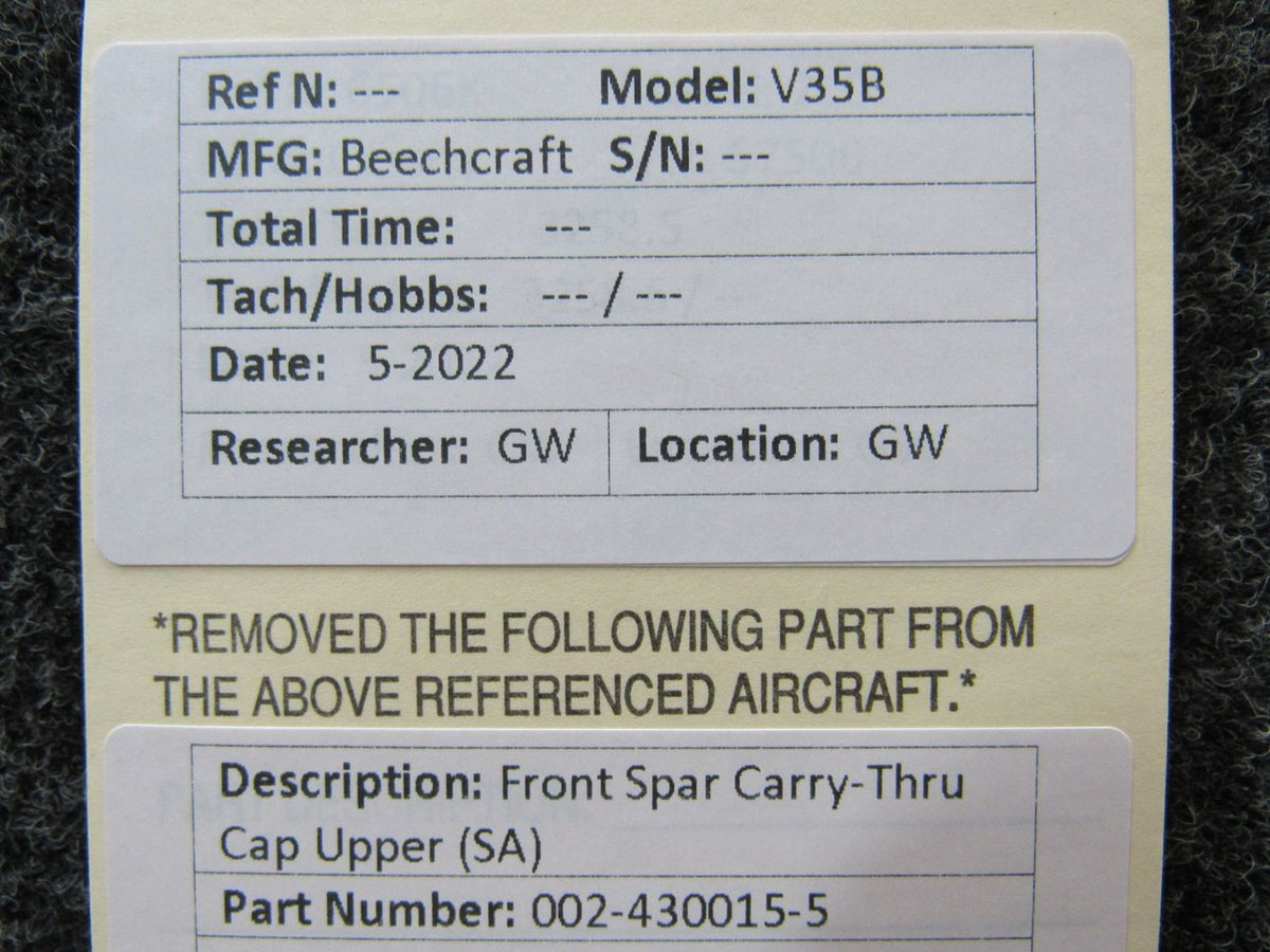 002-430015-5 Beechcraft V35B Front Spar Carry-Thru Cap Upper (SA) BAS Part Sales | Airplane Parts