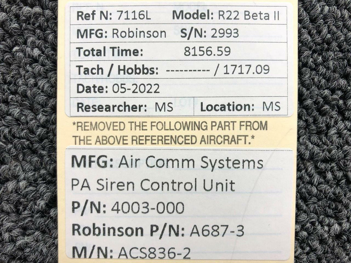Air Comm Systems 4003-000 (Alt: A687-3) Air Comm Systems ACS836-2 PA Siren Control Unit (14V)
