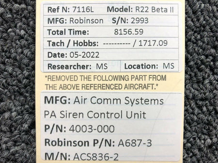 Air Comm Systems 4003-000 (Alt: A687-3) Air Comm Systems ACS836-2 PA Siren Control Unit (14V)
