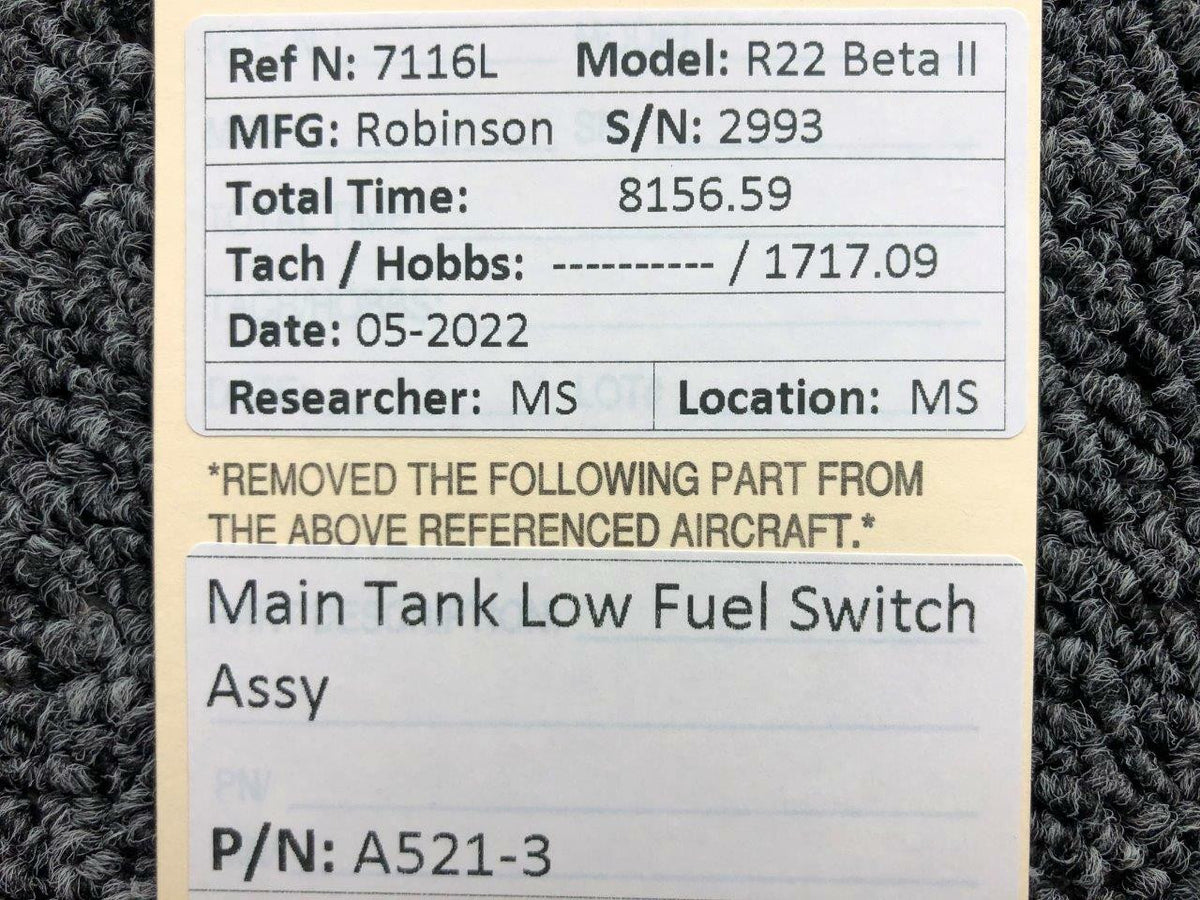 Robinson A521-3 Robinson R22 Main Tank Lower Fuel Switch Assembly