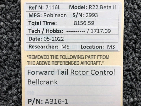 A316-1 Robinson R22 Forward Tail Rotor Control Bellcrank BAS Part Sales | Airplane Parts