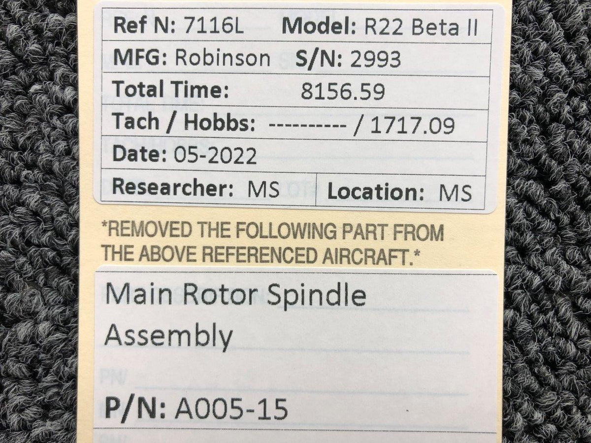 A005-15 Robinson R22 Main Rotor Spindle Assembly W/ Boot and Bolts BAS Part Sales | Airplane Parts