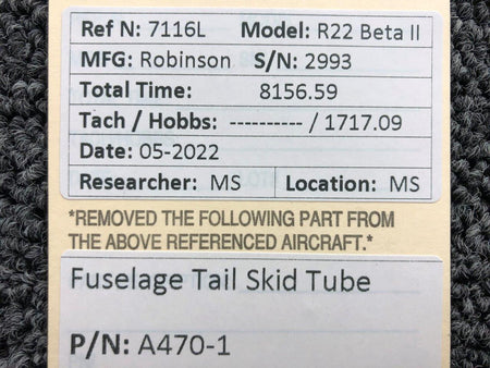 A470-1 Robinson R22 Fuselage Tail Skid Tube BAS Part Sales | Airplane Parts