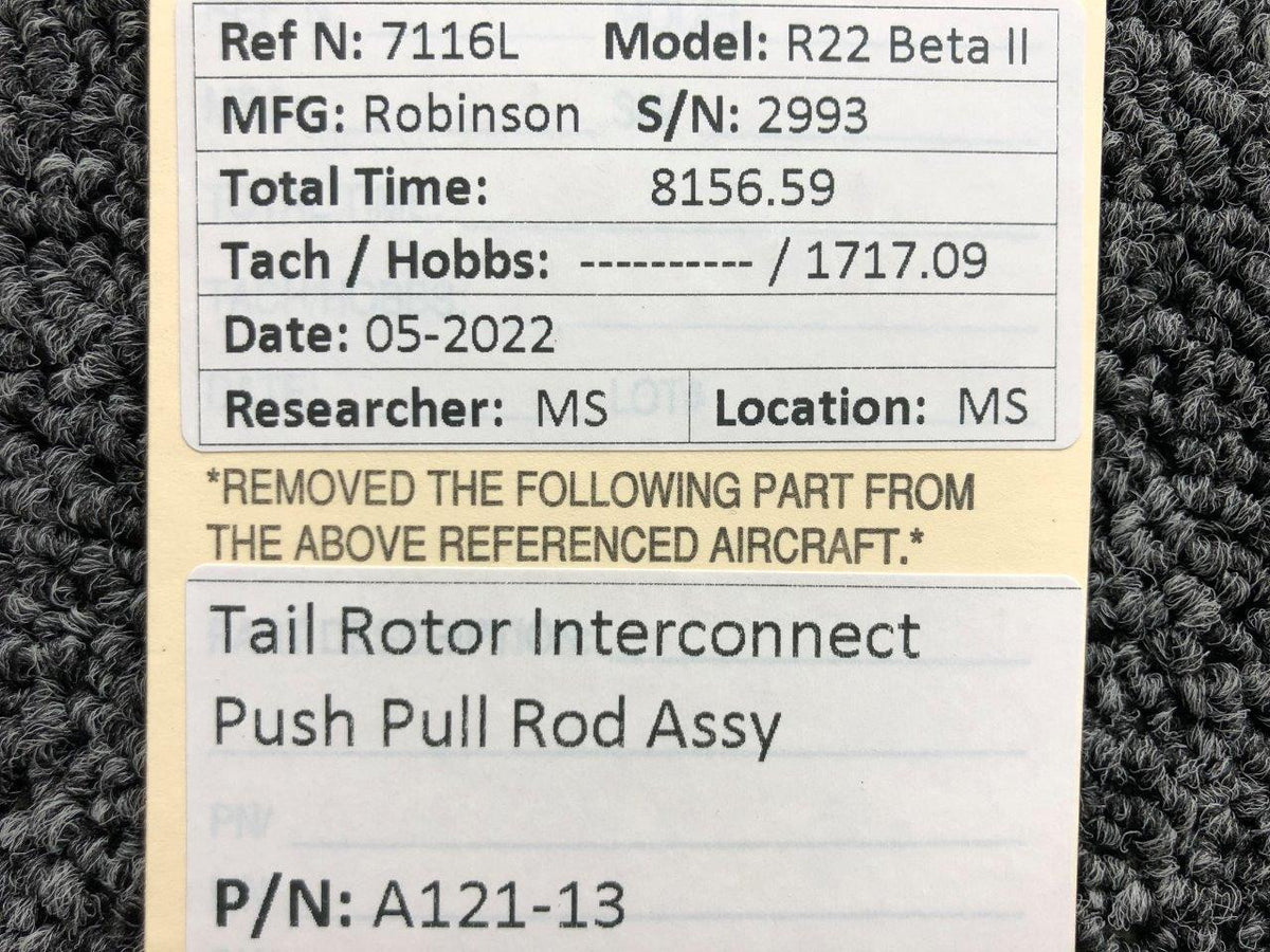 A121-13 Robinson R22 Tail Rotor Interconnect Push Pull Rod Assembly BAS Part Sales | Airplane Parts