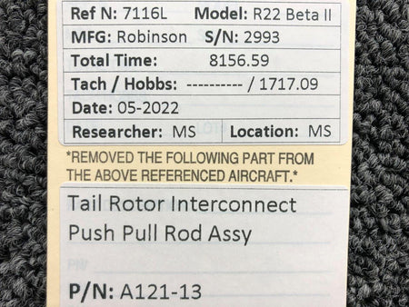 A121-13 Robinson R22 Tail Rotor Interconnect Push Pull Rod Assembly BAS Part Sales | Airplane Parts