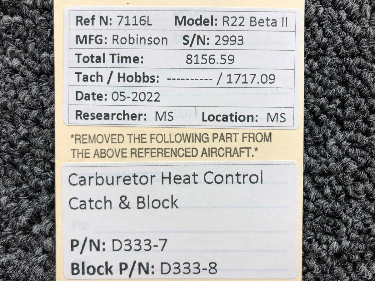 D333-7, D333-8 Robinson R22 Carburetor Heat Control Catch and Block BAS Part Sales | Airplane Parts