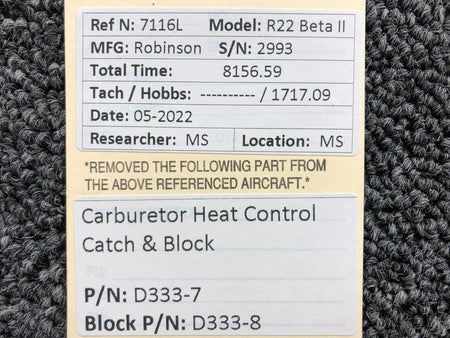 D333-7, D333-8 Robinson R22 Carburetor Heat Control Catch and Block BAS Part Sales | Airplane Parts